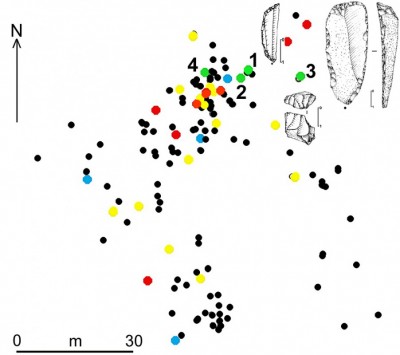 Figure 3. Distribution map of the chipped stone artefacts at Kirkuri (KRK): backed point (1), microbladelet core (2), long end scraper (3), perforator (4); Middle Palaeolithic Levallois tools (red), Late Palaeolithic bladelets (yellow), Bronze Age arrowheads (blue), other artefacts (black) (map by R. Nisbet). 